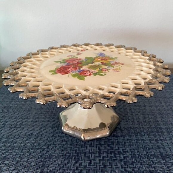 Vintage Cake Plate Stand Shabby Chic Floral Lattice - Picture 2 of 6